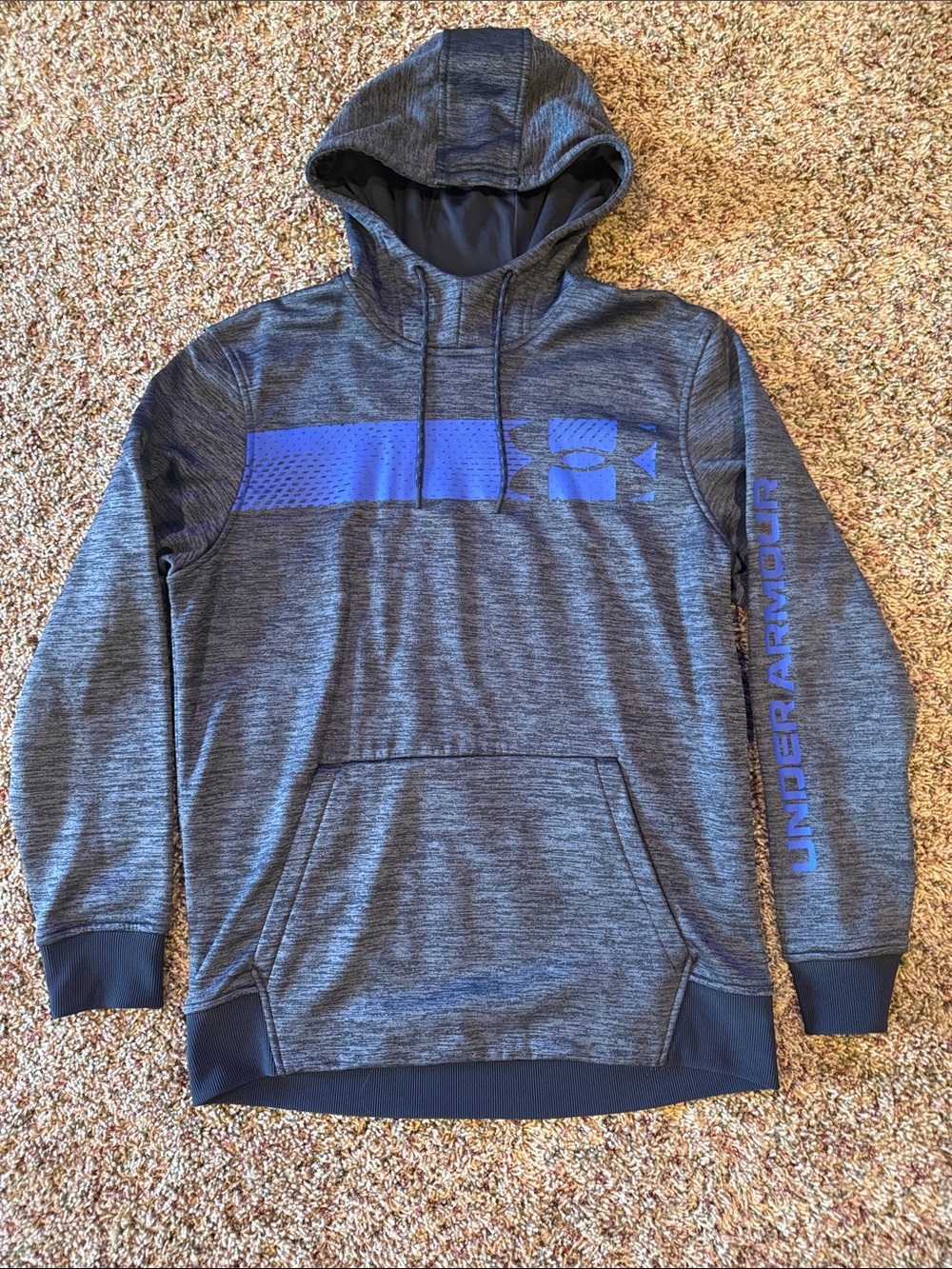 Under Armour Men’s Heather Gray Hooded Pullover with Blue Logo Stripe